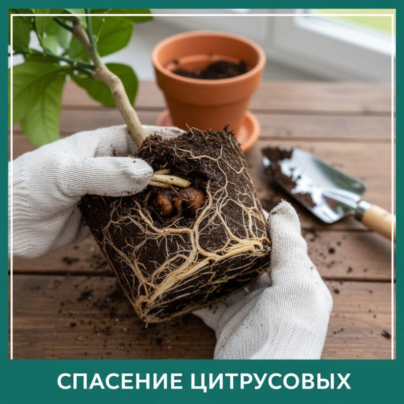 Руки в перчатках держат корни лимонного дерева с корневой гнилью. Крупный план: сравнение здоровых белых корней и пораженных коричневой гнилью. Проблема перелива комнатных цитрусовых.