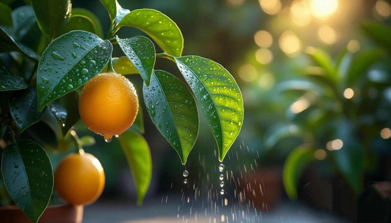 водяную дымку вокруг глянцевых листьев цитрусового дерева. Капли равномерно распределяются по поверхности, создавая эффект утренней росы.