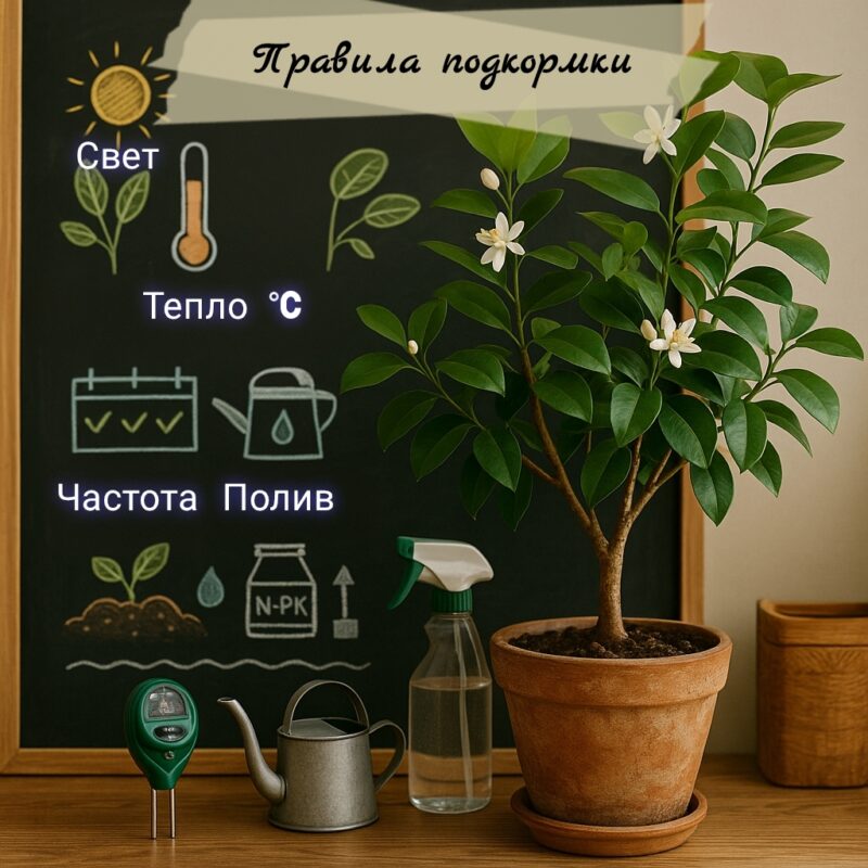 Уход за лимоном в апреле: 5 правил подкормки и содержания | Гид Комнатный лимон на подоконнике с предметами для ухода: термометр, лейка, распылитель, удобрения и календарь подкормок на апрель