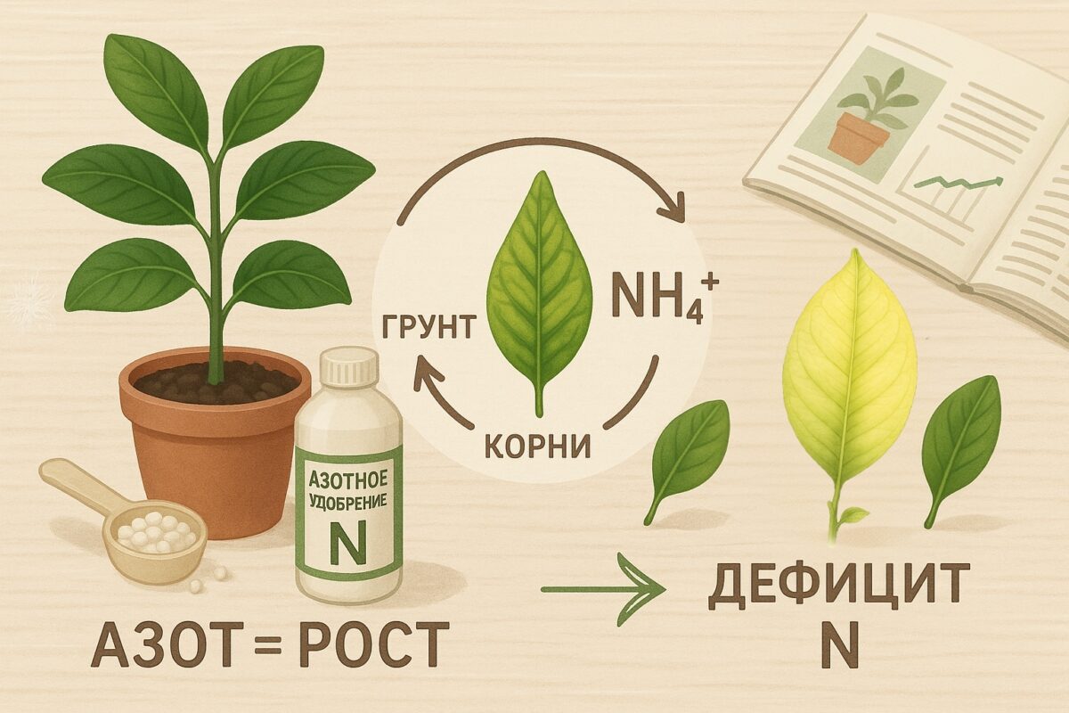 комнатного лимона с азотным удобрением. Здоровые темно-зеленые листья, гранулы азотной