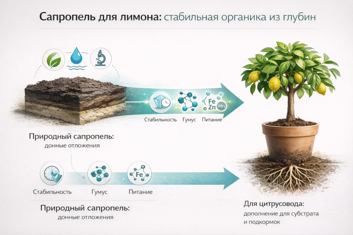 Научная инфографика о сапропеле для лимона. Схема от природного ила до здорового растения, показывающая путь стабильной органики, гумуса и микроэлементов в субстрат.
