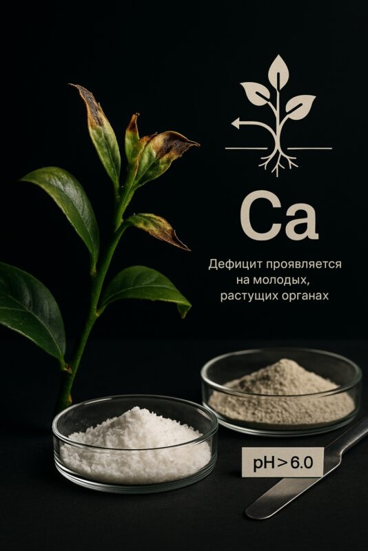 Симптомы дефицита кальция на комнатном лимоне: деформация и коричневые кончики молодых листьев на верхушке побега. Рядом схема и удобрения.