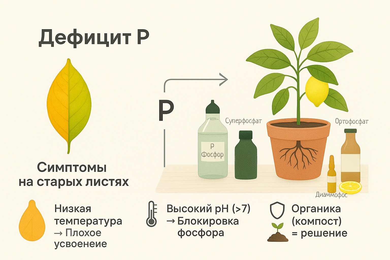 симптомы дефицита фосфора на листьях лимона и способы подкормки фосфорными удобрениями