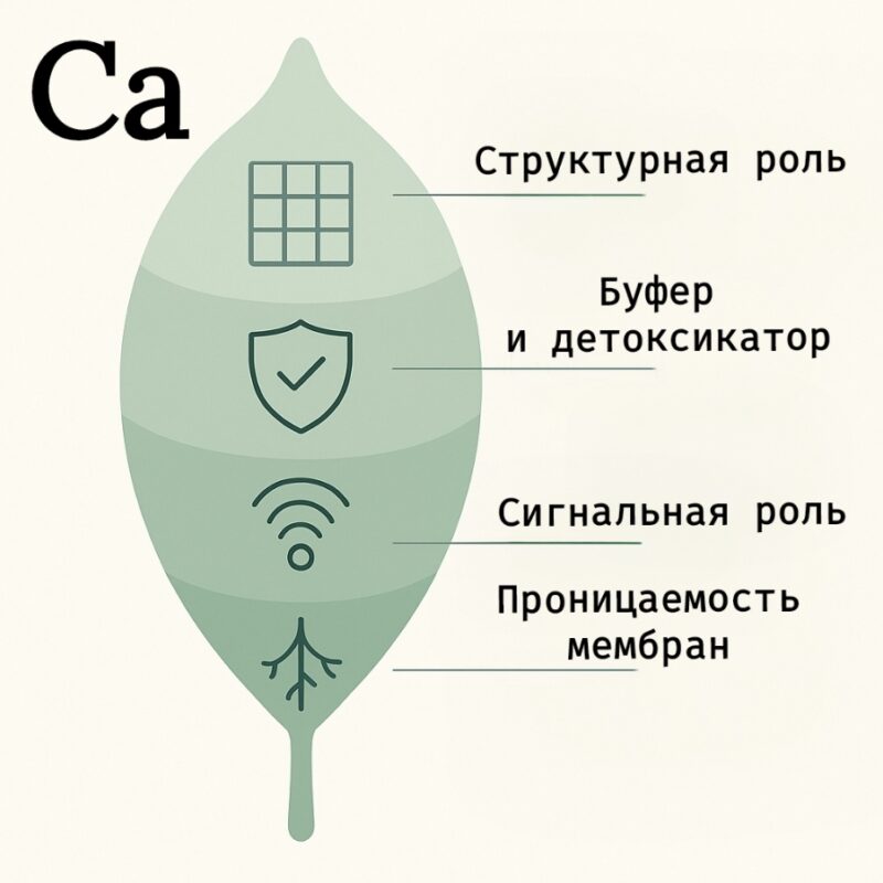 Научная инфографика: функции кальция (Ca²⁺) для лимона — укрепление клеточных стенок, нейтрализация токсинов, стабилизация мембран, передача сигналов и рост корней.