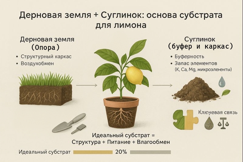 роль дерновой земли (структура) и суглинка (питание, буферность) в составе идеального субстрата для комнатного лимона. Пропорции смеси.