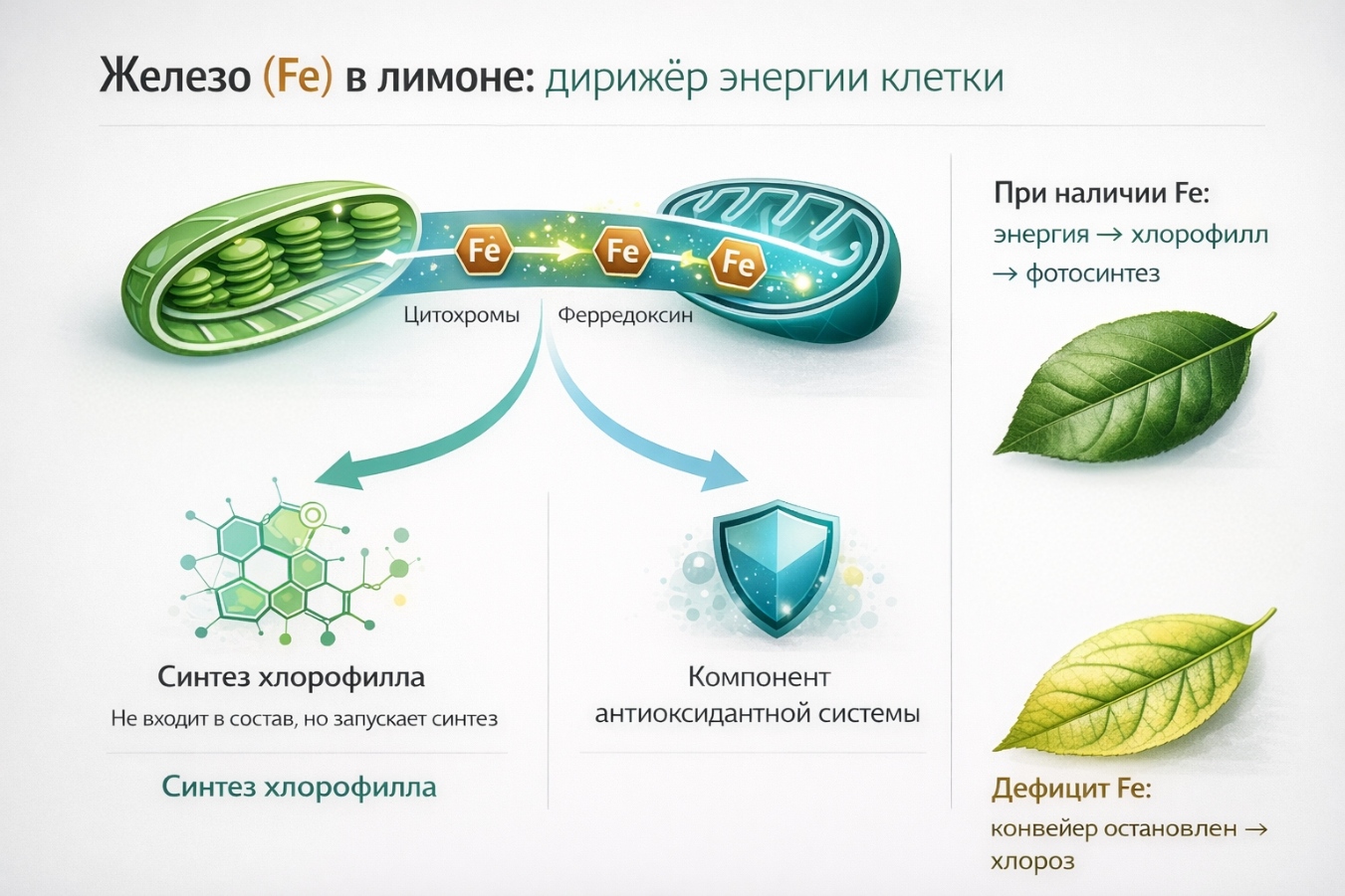 О роли железа (Fe) в растении. Схема электронного транспорта в хлоропласте, связь с синтезом хлорофилла и визуальный контраст здорового листа и листа с хлорозом.