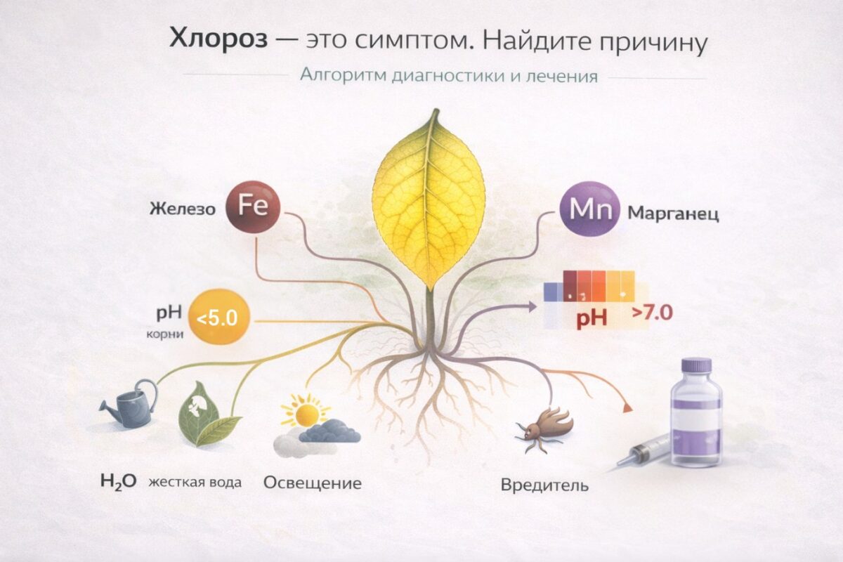 о хлорозе лимона: пожелтевший лист как симптом, от которого расходятся линии к разным причинам (Fe, Mn, pH, корни, полив, свет, вредители).