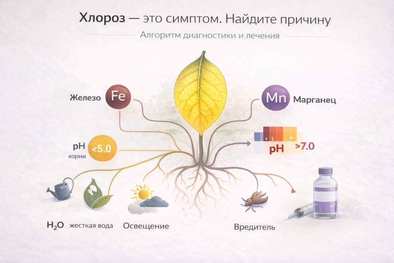 о хлорозе лимона: пожелтевший лист как симптом, от которого расходятся линии к разным причинам (Fe, Mn, pH, корни, полив, свет, вредители).