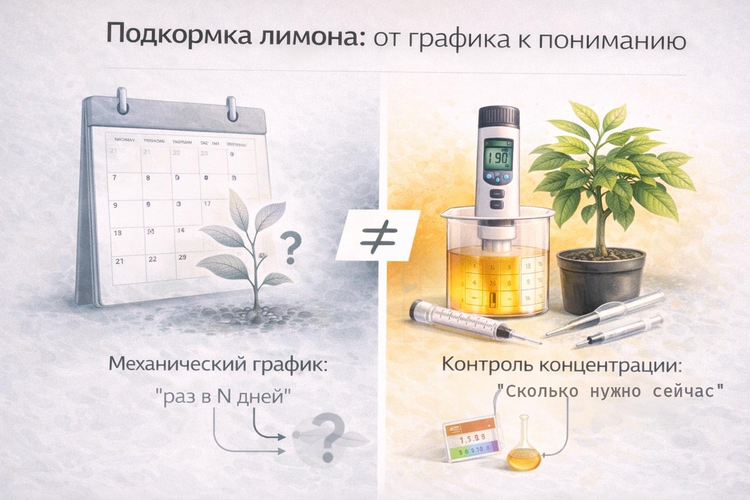 противопоставление двух подходов к подкормке лимона — механический график по календарю и научный метод контроля концентрации раствора с помощью EC-метра и точных инструментов.