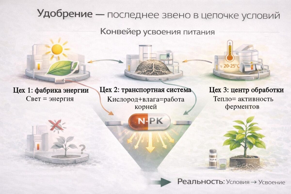 Научная инфографика,объясняющая системный подход к уходу за лимоном. Визуальная схема показывает, что эффективность удобрений зависит от создания базовых условий: света для фотосинтеза, аэрации почвы для корней и оптимальной температуры.