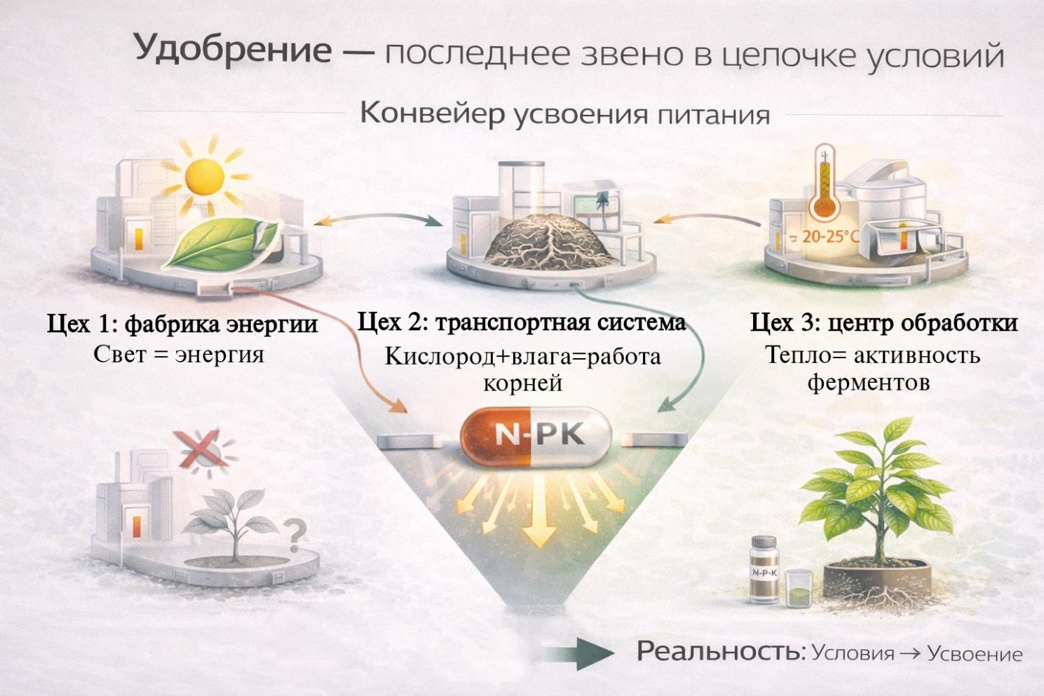 Научная инфографика,объясняющая системный подход к уходу за лимоном. Визуальная схема показывает, что эффективность удобрений зависит от создания базовых условий: света для фотосинтеза, аэрации почвы для корней и оптимальной температуры.