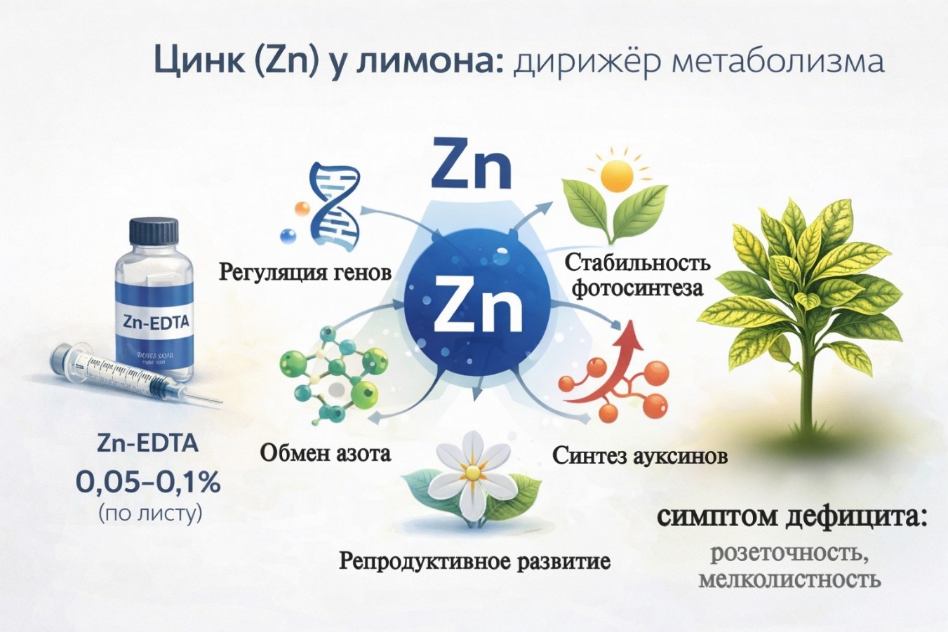 Научная инфографика о дефиците цинка (Zn) у лимона. Показаны симптомы (розеточность, мелкие листья), схема системного влияния цинка на метаболизм и решение — хелат цинка для обработки.