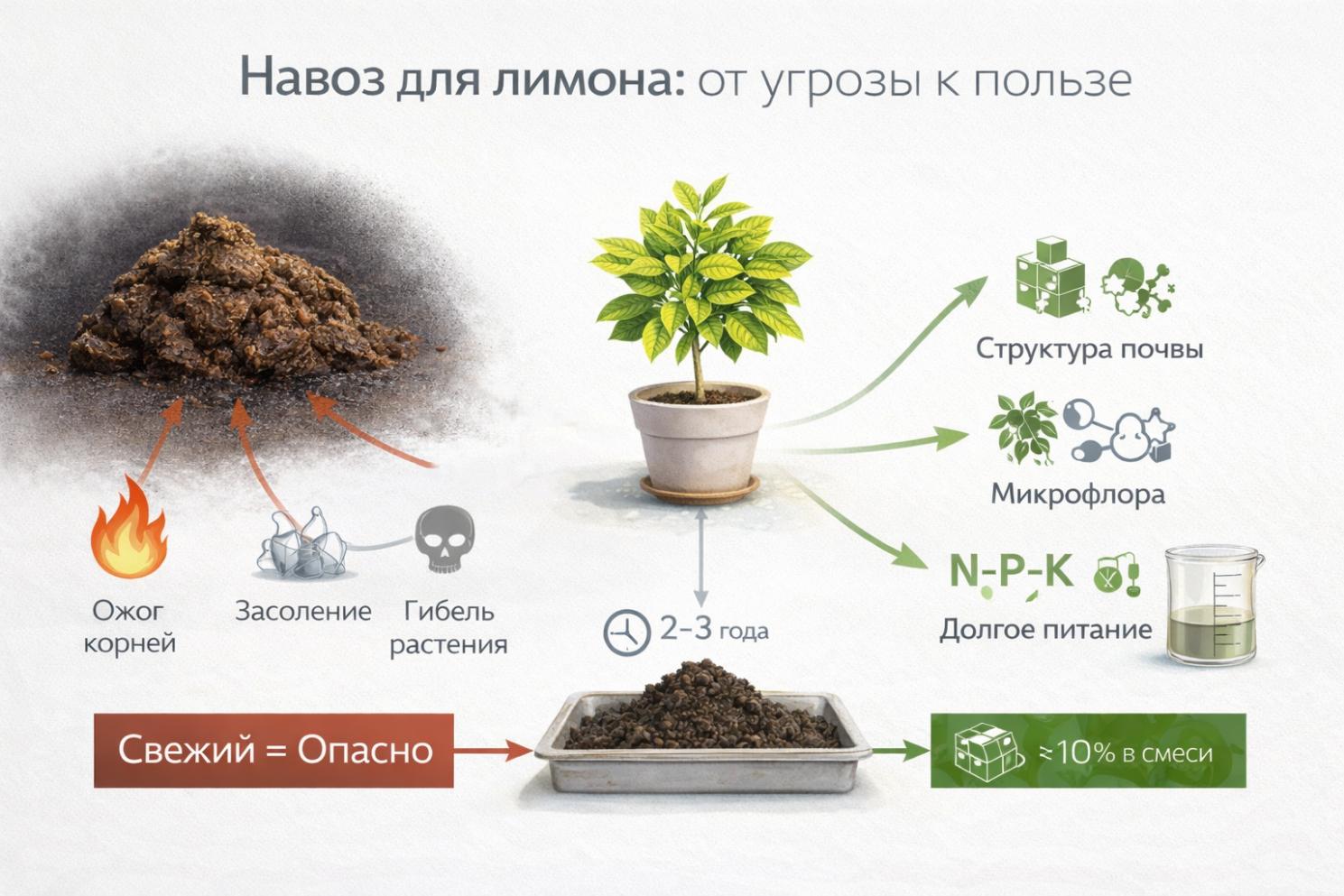 О применении навоза для комнатного лимона. Контраст между опасностью свежего навоза (ожог, засоление) и пользой перепревшего (структура, питание, микрофлора) при дозировке менее 10%.